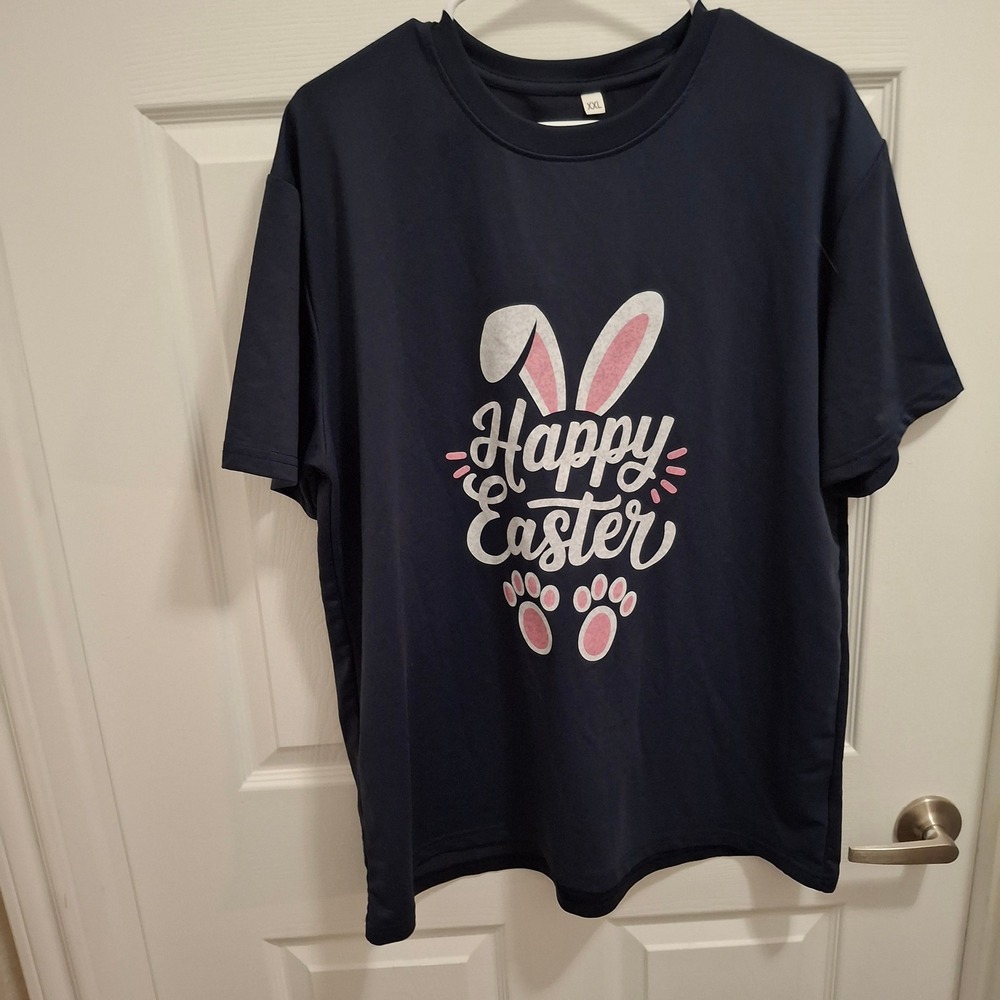 Womens XXL Navy Blue Happy Easter Bunny Paw Print‎ Graphic T Shirt